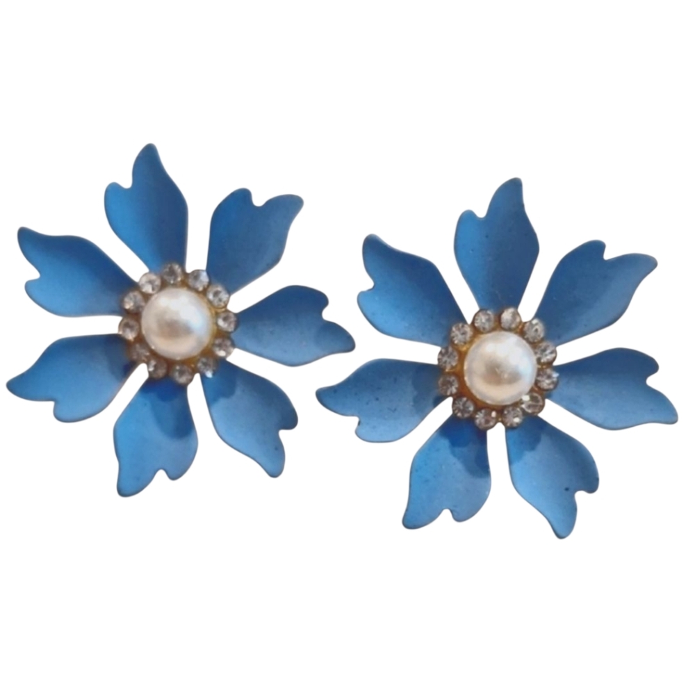 3 For $15 Vintage Style Blue Floral Earrings with Center Pearls